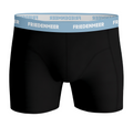The image depicts a product photo of a black boxer shorts by the brand FRIEDENMEER, showcasing a white 'FRIEDENMEER' text design on a light blue waistband.